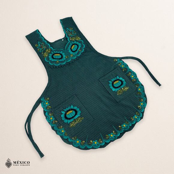 Turquoise Mexican Embroidered Smock Apron – Floral Traditional Design for Women - Picture 5 of 8
